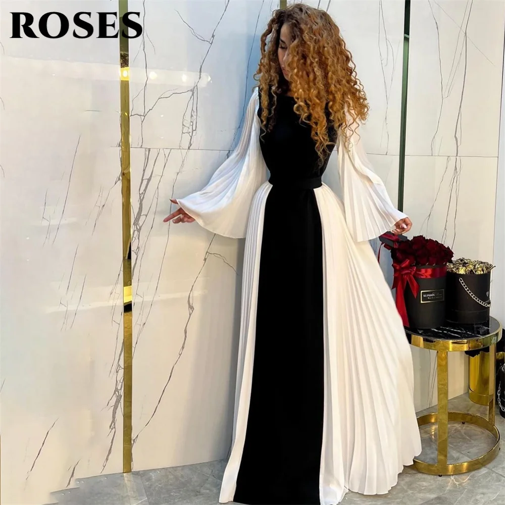 

ROSES Elegant Modern Style Prom Dress O-Neck Long Sleeve Prom Gown Satin Pleated Celebrity Dresses abiti da cerimonia Customized