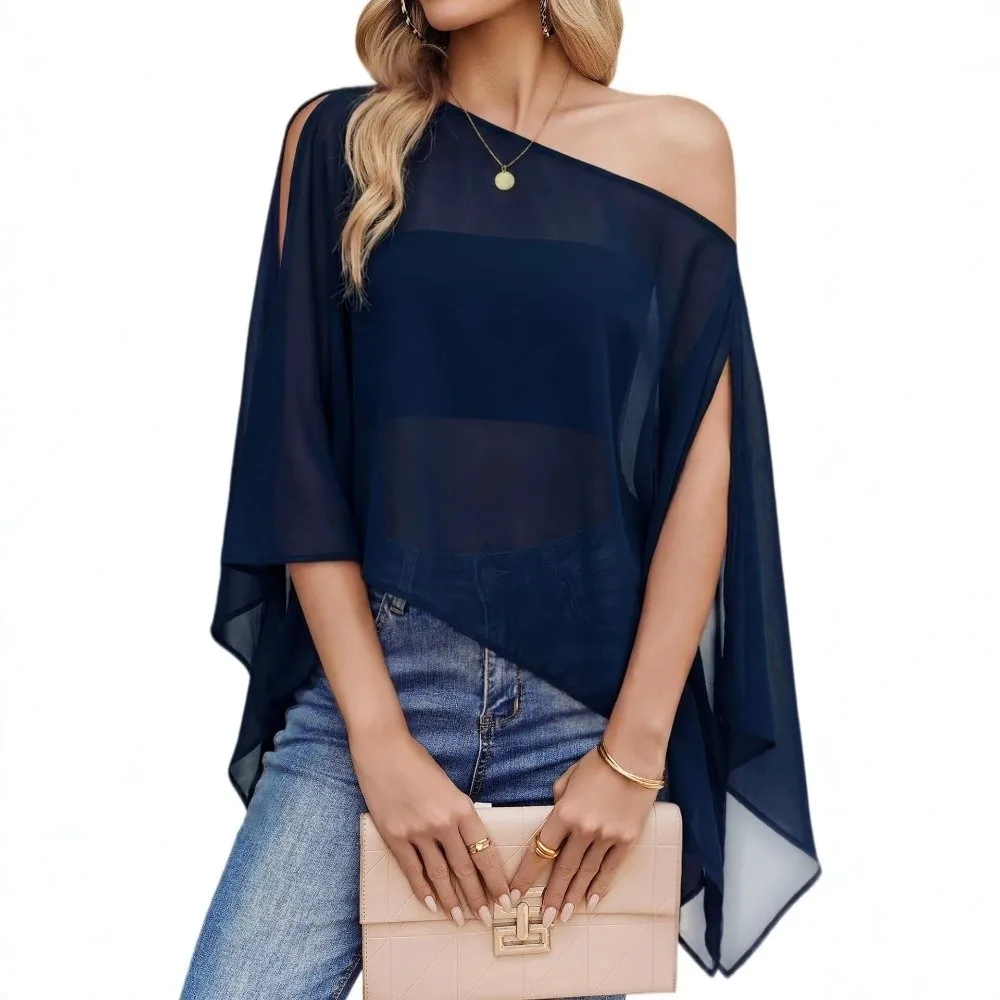 Wrinkle-Resistant Fabric Sun Protection Cover Up Wide Open Loose Flowing Chiffon Tops Asymmetrical Pointed Semi-Sheer