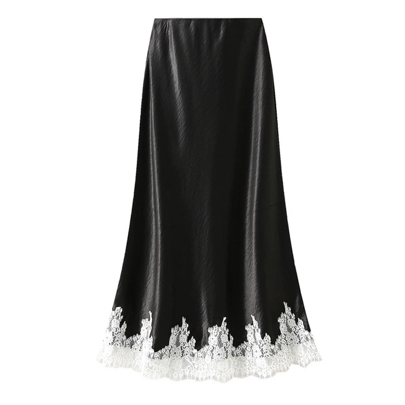 

Summer French Elegant Satin Mermaid Skirt Women Lace Patchwork Waist Elastic Long A-line Skirts Fashion Ladies