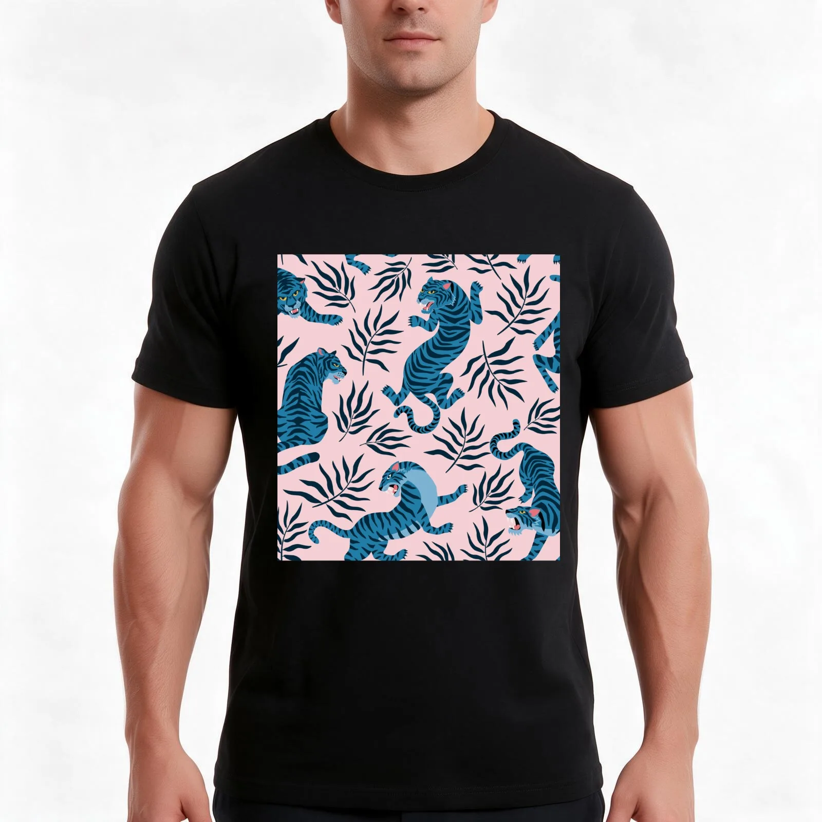 Asian tigers and tropical leaves T-Shirt, Summer Casual Cotton Tee, Oversized Streetwear Tops, Vintage Graphic Print