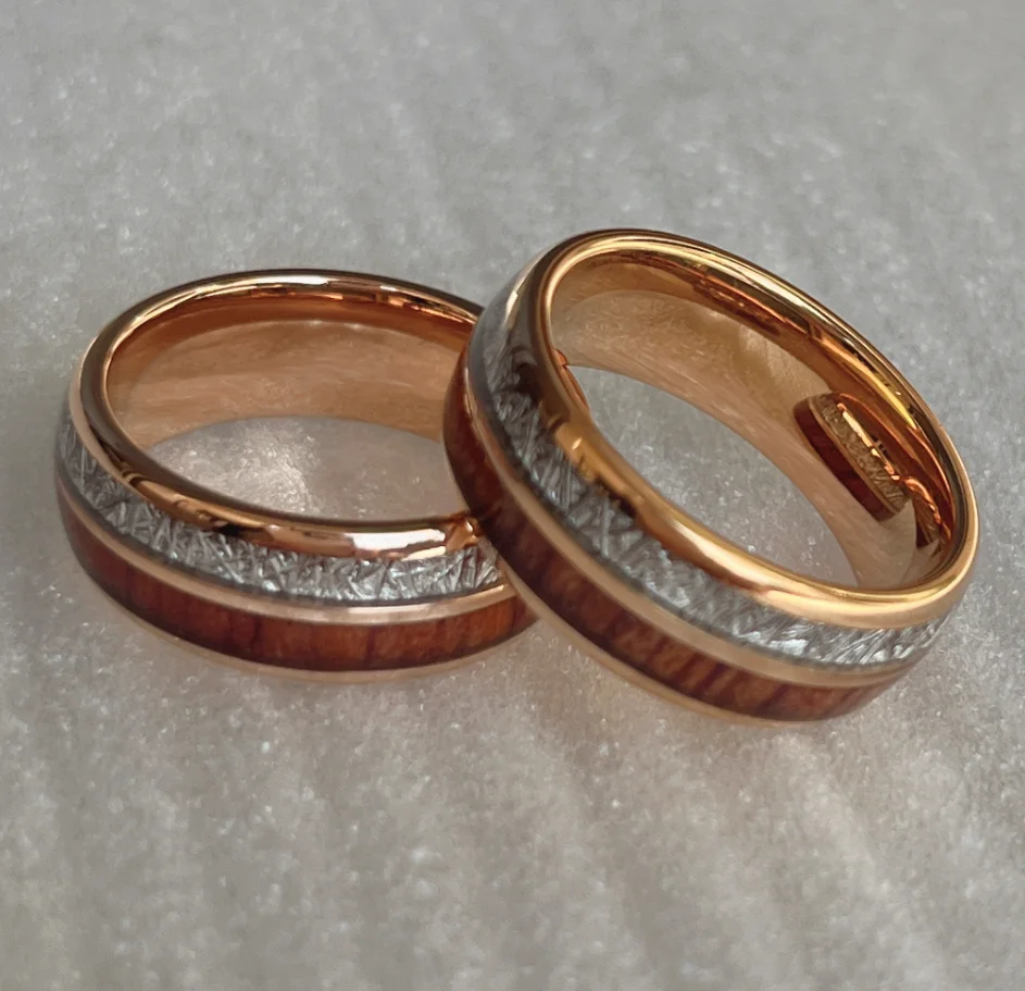 8 مللي متر 6 مللي متر القبة التنغستن خاتم مطلي بالذهب الوردي البطانة الطبيعية كوا الخشب و نيزك العثور على خاتم شحن مجاني #3