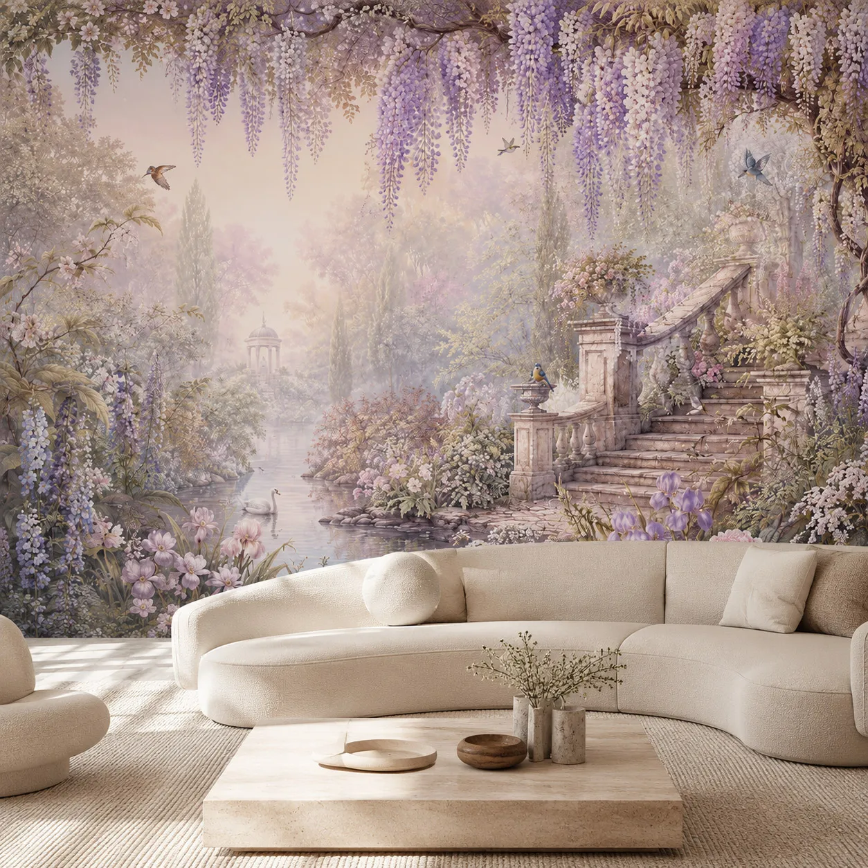 Romantic Pastel Wisteria Garden Wall Mural Wallpaper Floral Swan Lake Stone Stairs Living Room Non Self Adhesive Paste Required