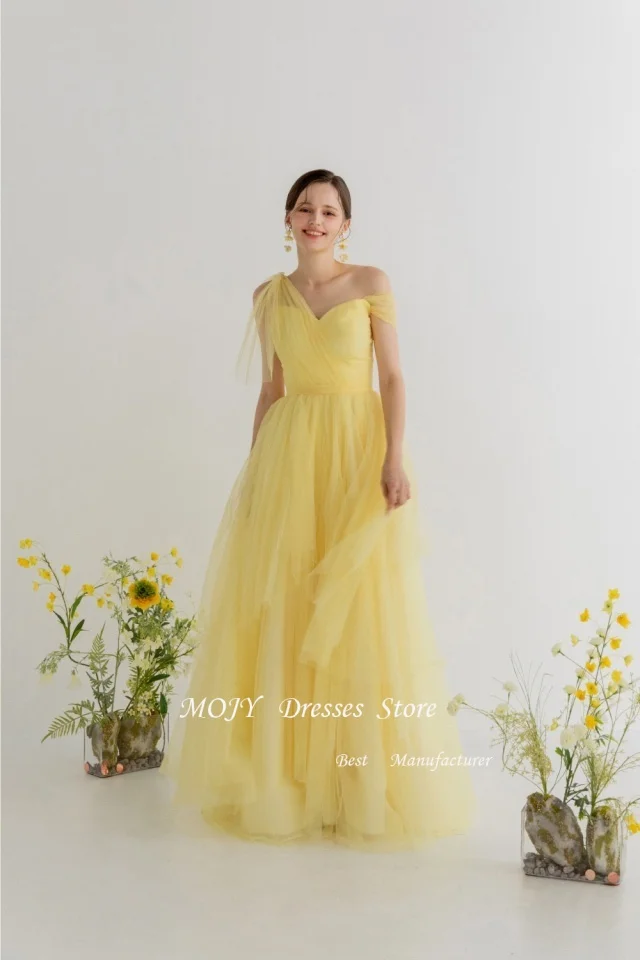 Mojy Yellow Tulle Wedding Dress Korea Photo Shoot A Line Sleeve Bridal Gown Floor Length Spaghetti Straps 신부 웨딩드레스 по индивидуальному заказу