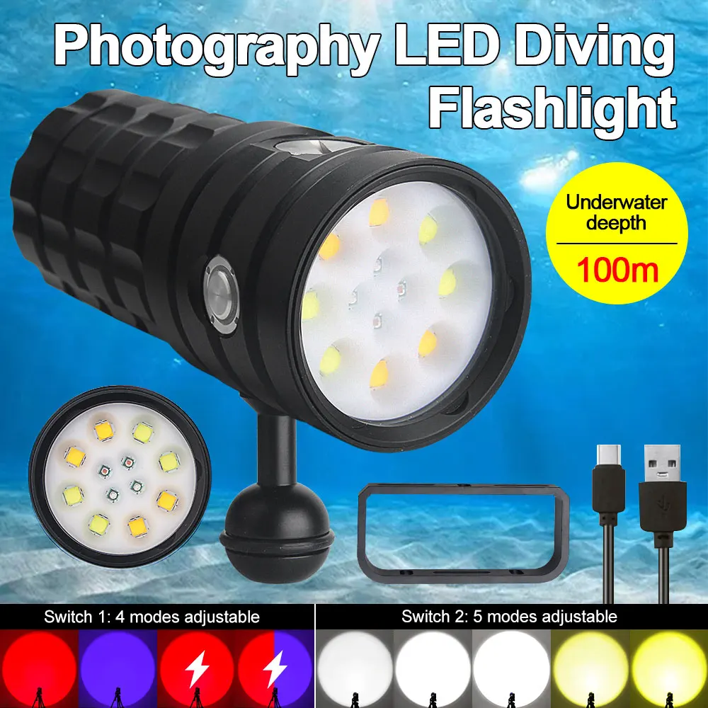 9000LM 4-color Professional Diving Flashlight IPX8 Top Waterproof Underwater 100m Photography LED Fill Light Rechargeable Torch