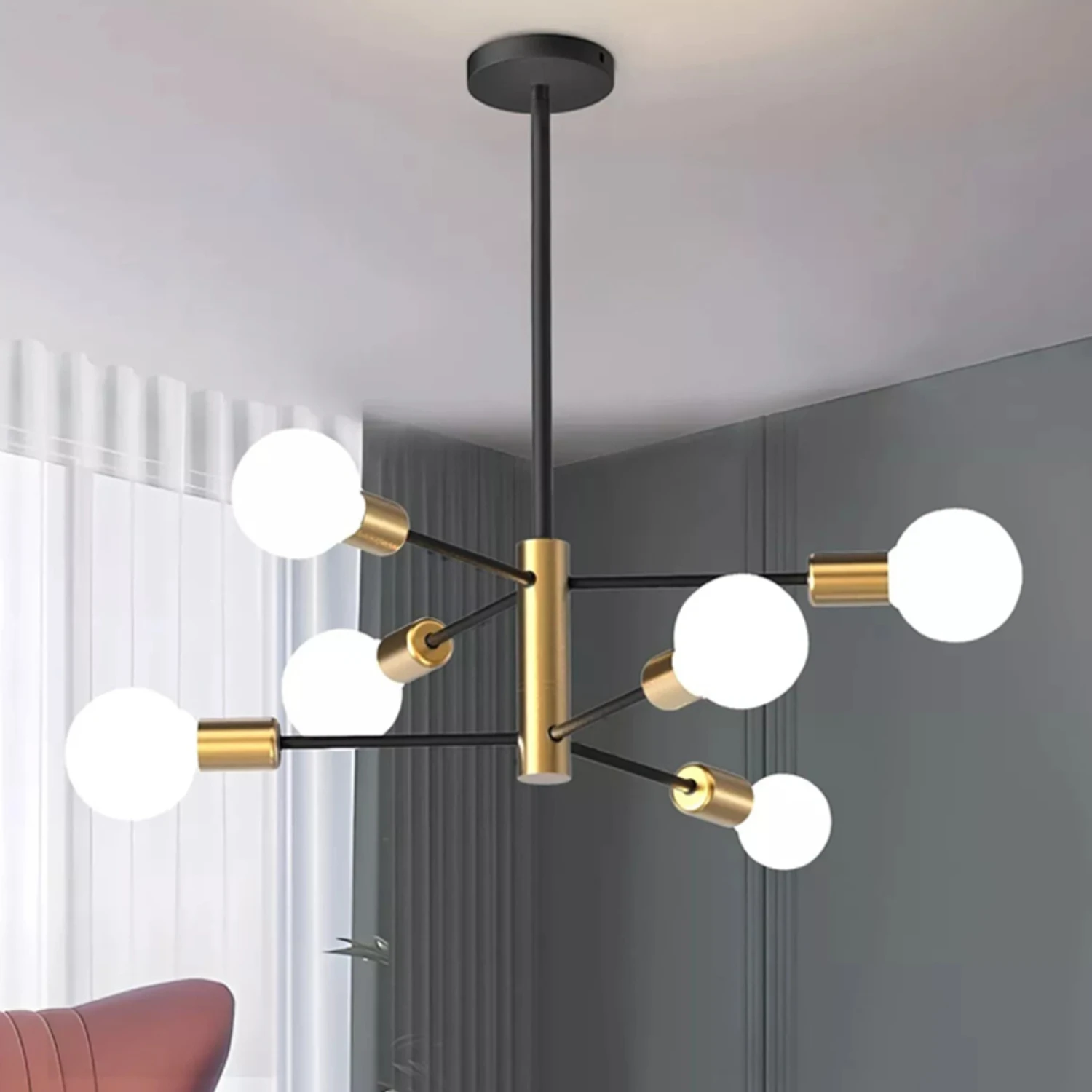 Stunning, elegant and sophisticated 4, 6, or 8 light black LED Sputnik chandelier - modern Nordic design for indoor lighting. En