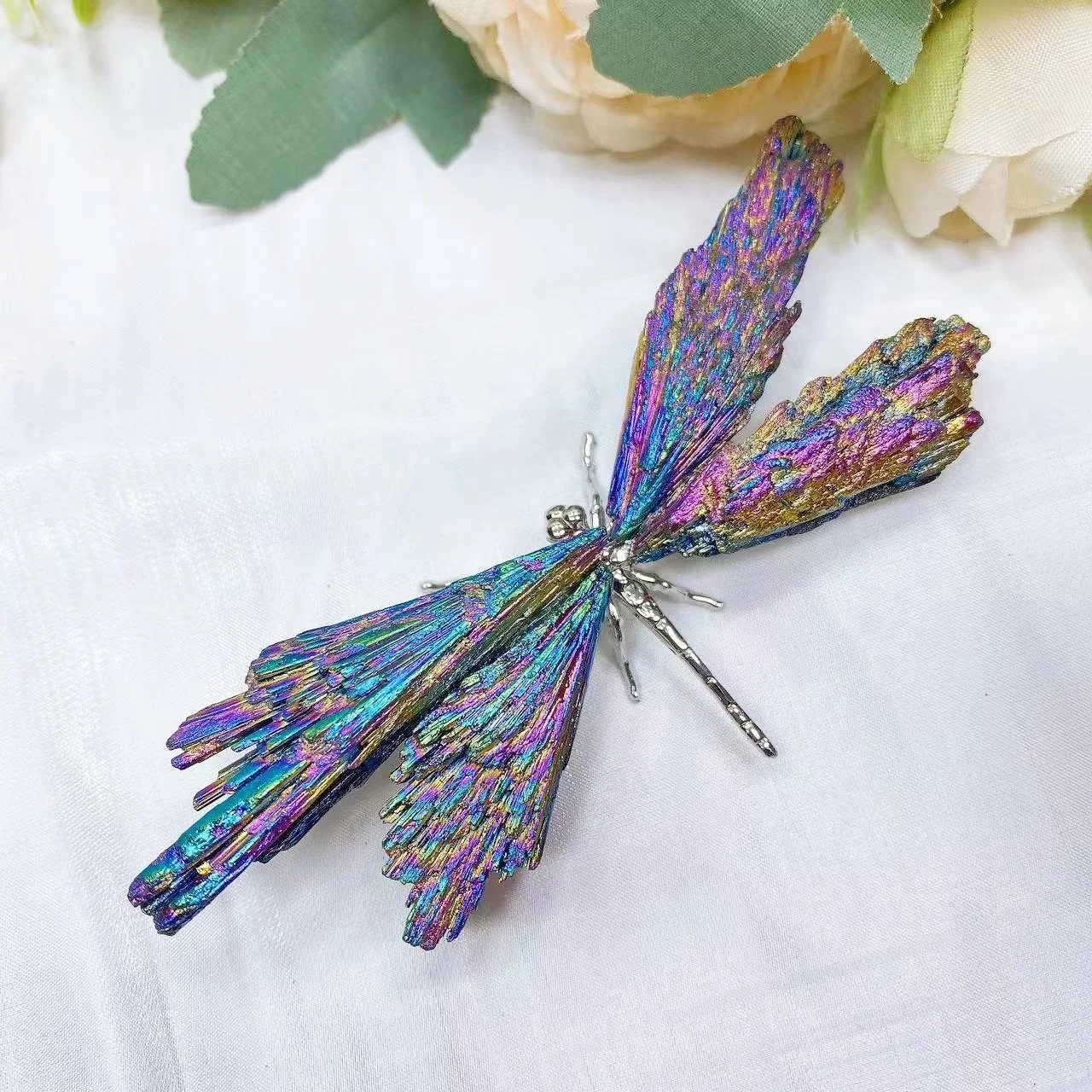 Natural Colorful Tourmaline Electroplanted Dragonfly Spar Crafts Reiki Healing Home Decoration Plating Crystal Butterfly