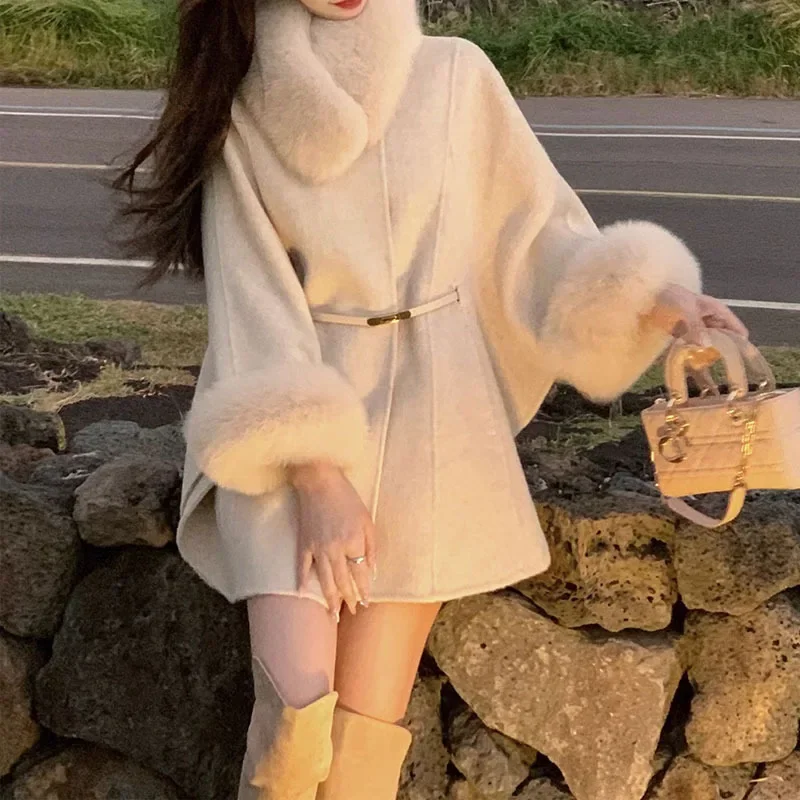 

Elegant Women Woolen Coat Long Sleeve Korean Fashion Vintage Jackets Slim Solid Fairycore 2023 New Autumn Winter Coats
