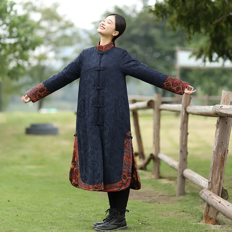 Autumn Winter Vintage Retro Color Blocking Robe Overcoat Patchwork Jacquard Cotton Creative Split Thick Deep Blue Long Coat