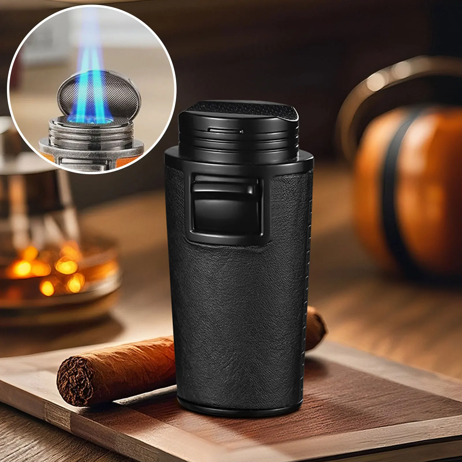 

Windproof Jet-Flame Cigars Lighter Refillable Butane Lighter with Cigars Punch Cigars Holder for Men Male