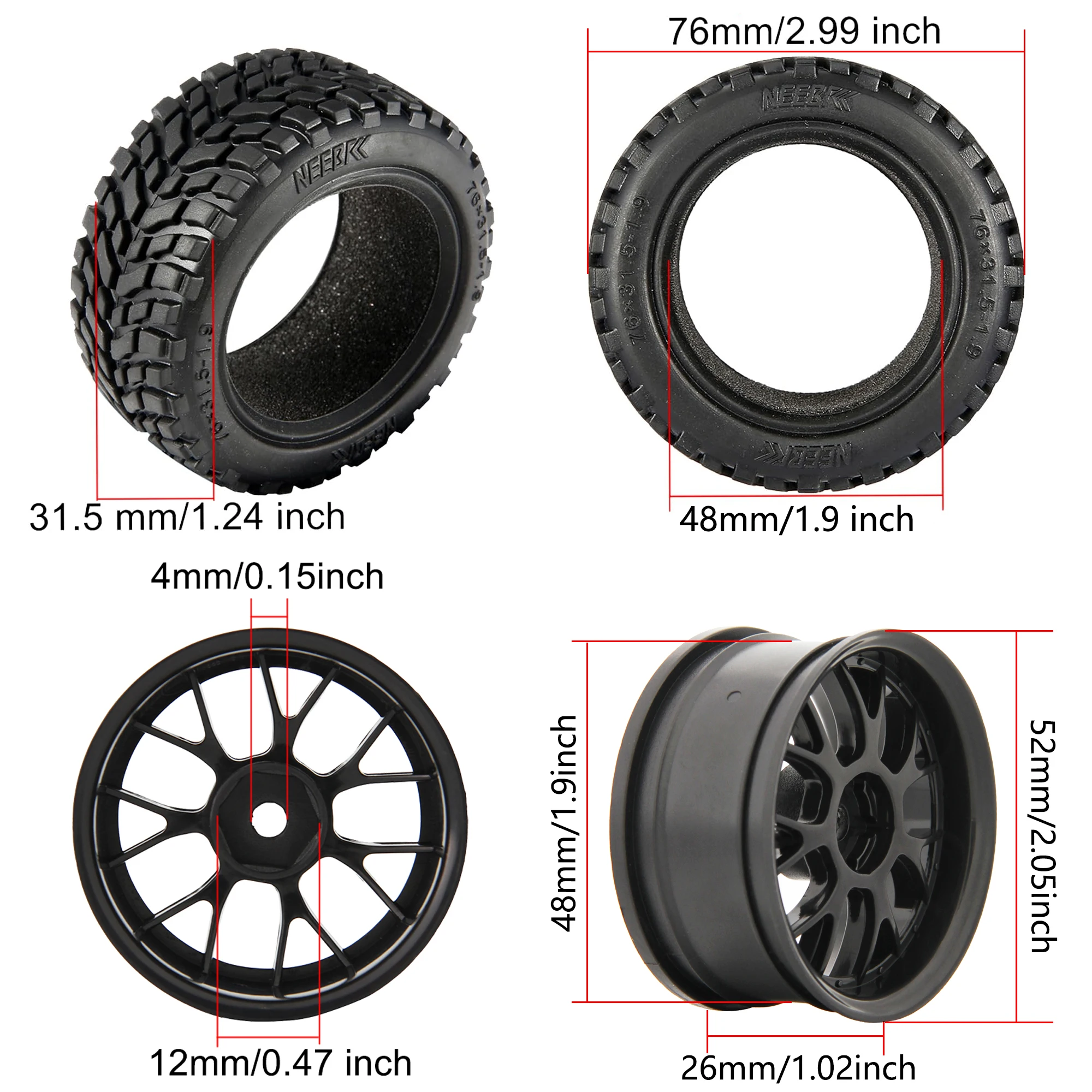 Dilwe jeu de pneus en caoutchouc pour Wltoys Roues RC Roue Avant Moyeu En Plastique Pneu En
