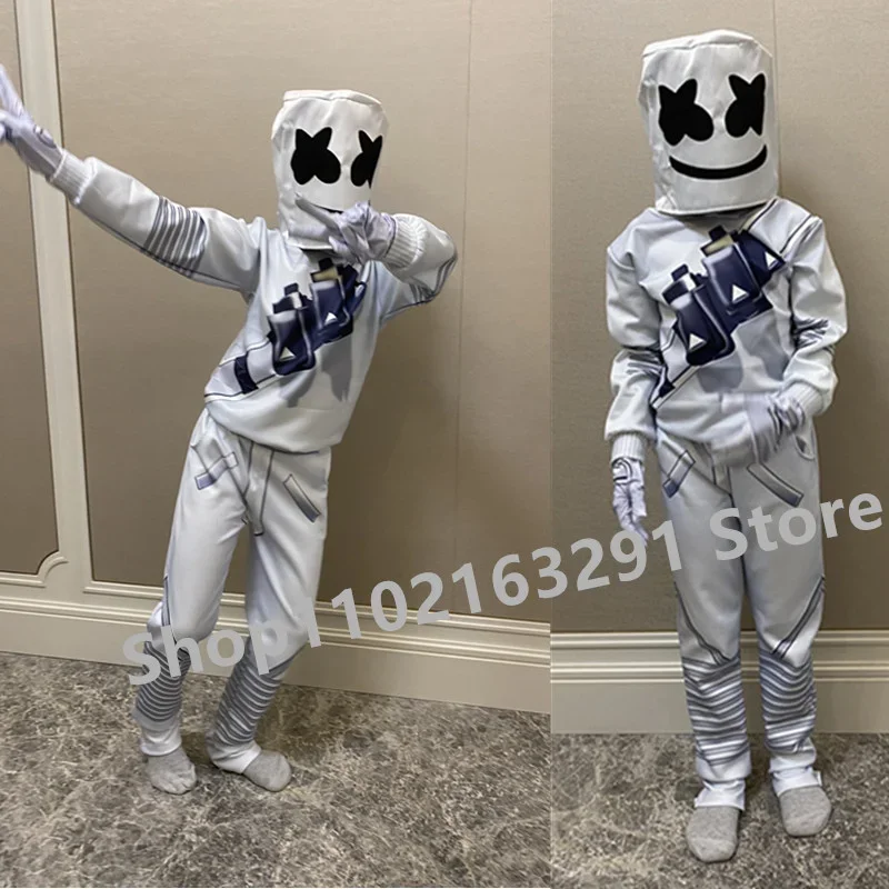 Gioco per bambini Costume Cosplay ragazzi Marshmello DJ costumi interessanti maschera felpe con cappuccio tuta musica Costume da festa di Halloween per bambini ragazzi