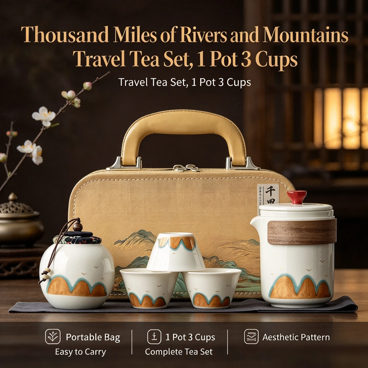 Thousand Miles of Rivers and Mountains Travel Tea Set 1 Pot 3 Cups Portable Kung Fu Teaware Aesthetic Gift Set for Elders