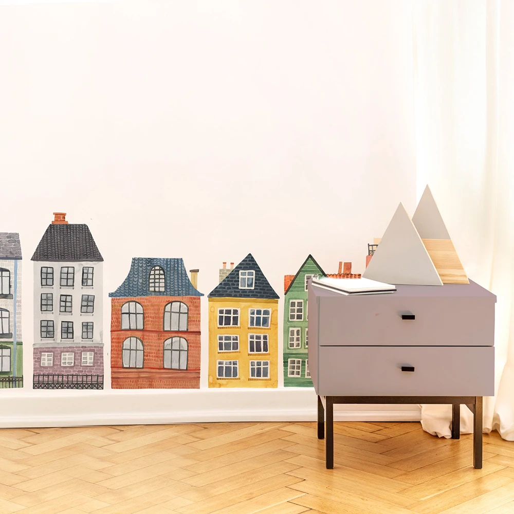 Cartoon Watercolor City Building House Wall Sticker Bedroom Playroom Kids Room Wall Decal Home Decor
