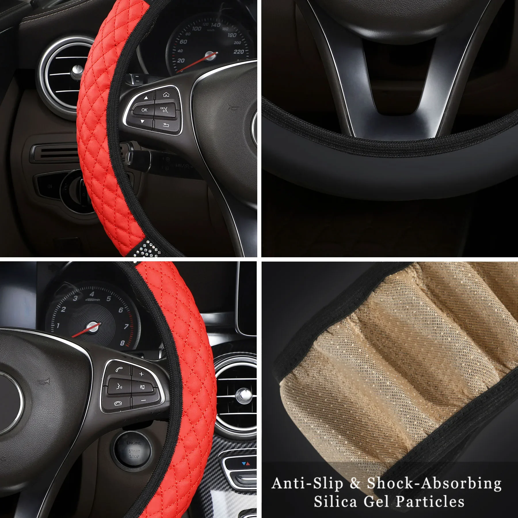 Car Steering Wheel Cover Without Inner Ring 37-38cm Three-dimensional Leather Embroidered Color Diamond-encrusted Breathable