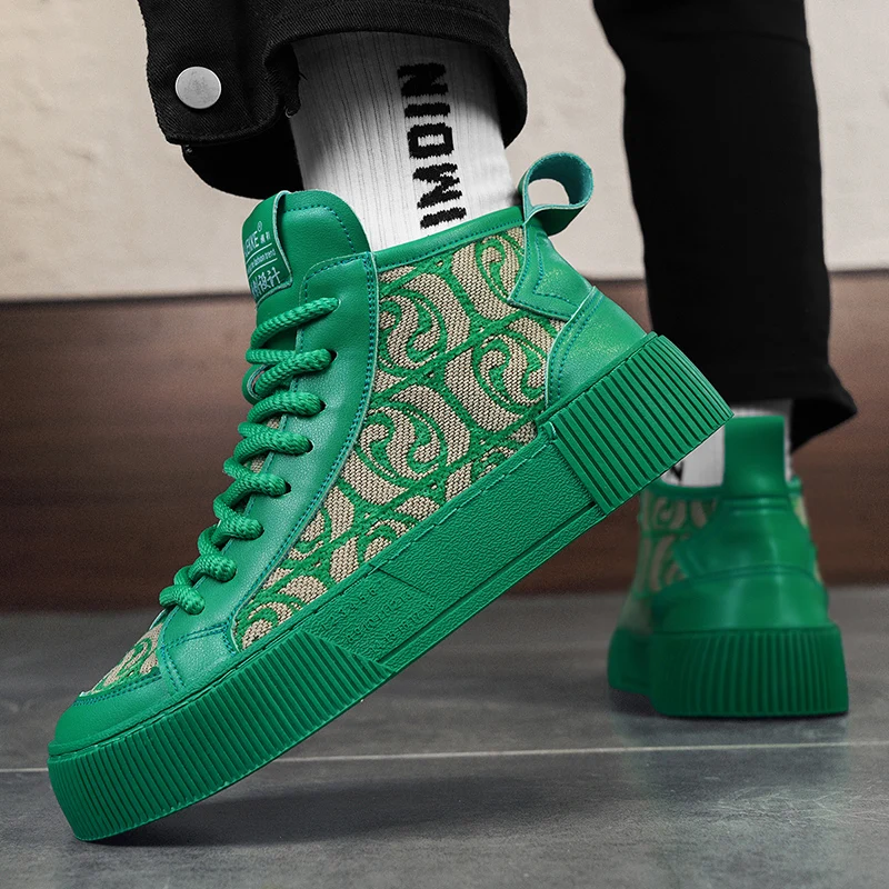 New Design Men Green High Top Sneakers Fashion Embroidered Men\'s Skateboarding Shoes Comfort Breathable Original Men\'s Sneakers