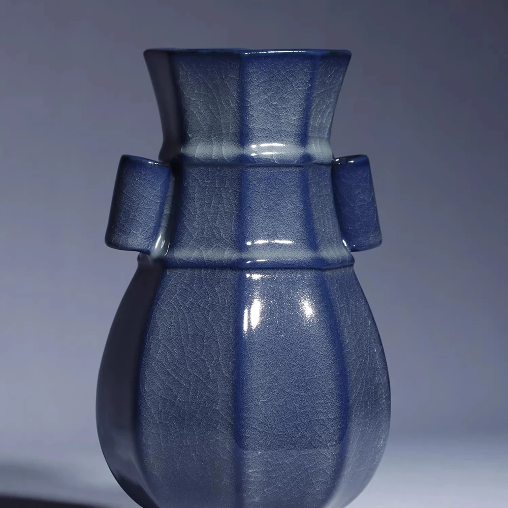 Jun Porcelain Cylindrical Ears Multiple-angled Bottle Fully Handcraft Deep Blue White Glaze Charcoal-burned Vase Liu Chuan Bo