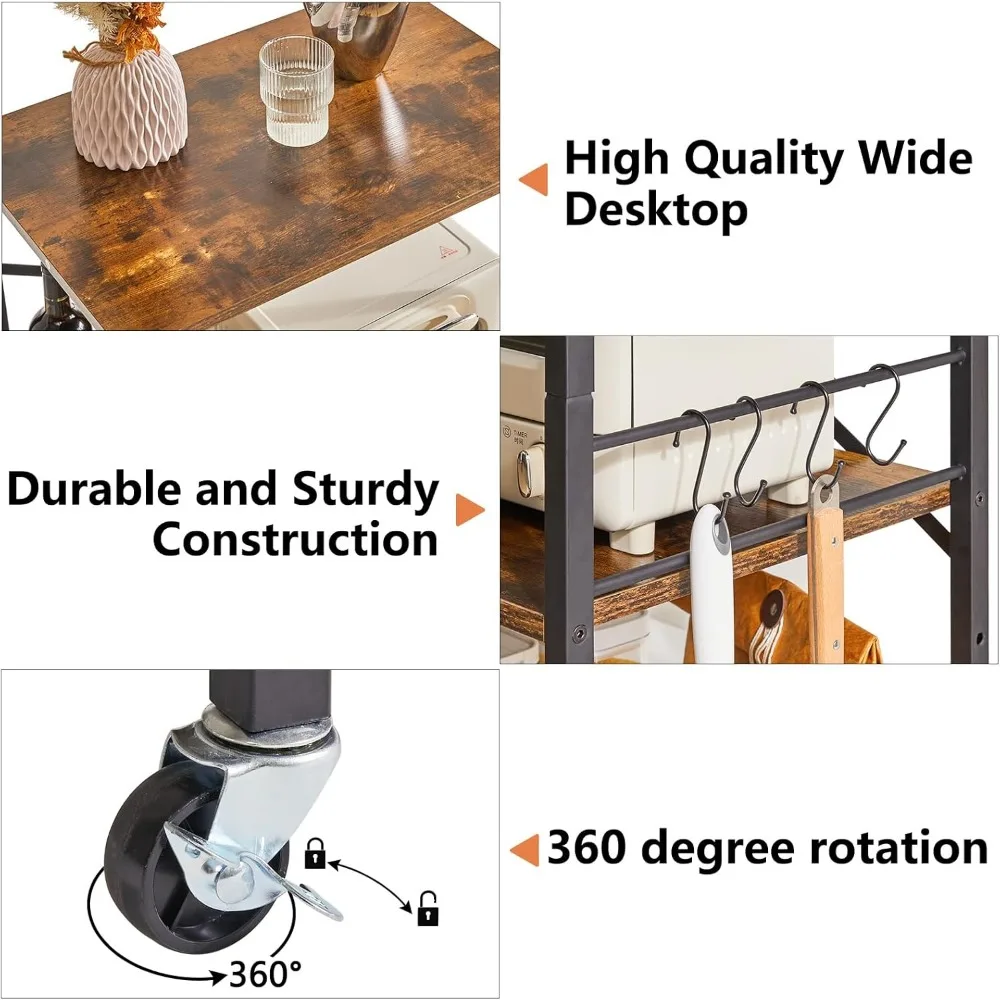 Kitchen Shelf Cart, 3-Tier Microwave Oven Stand, Baker’s Rack with Metal Frame and 8 Hooks, Kitchen Islands and Trolleys