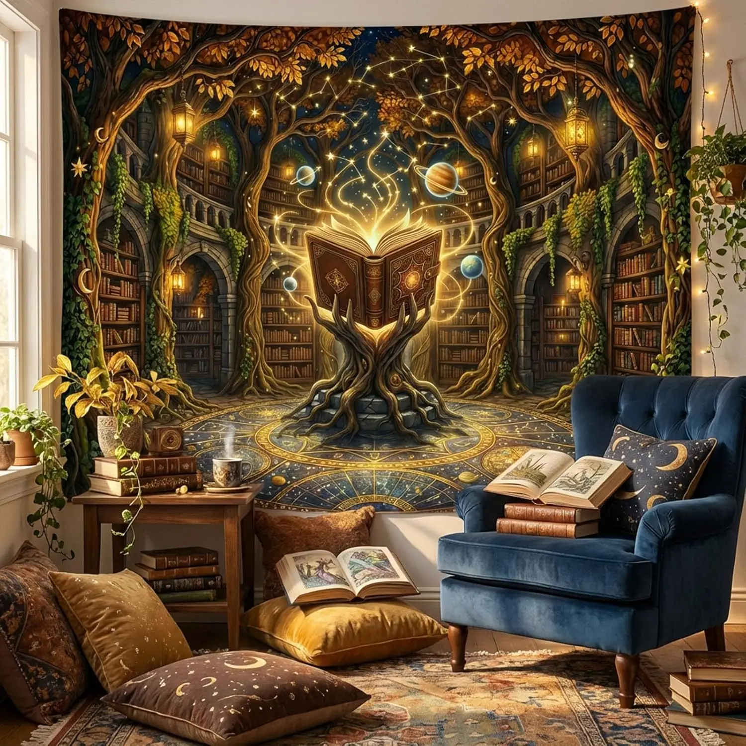 Magical Enchanted Forest Library Tapestry, Glowing Spell Book with Cosmic Planets Print Wall Hanging for Bedroom Decor