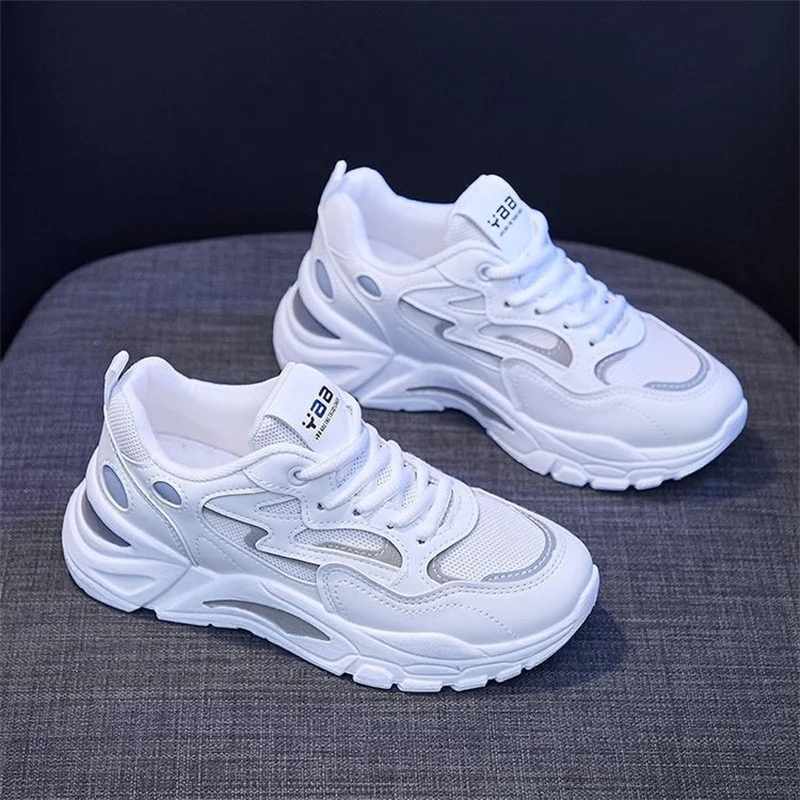 2023 Shoes Female  Spring New Net Shoes Breathable Stripes Hit Color White Sports Walking Flats Shoes for Women