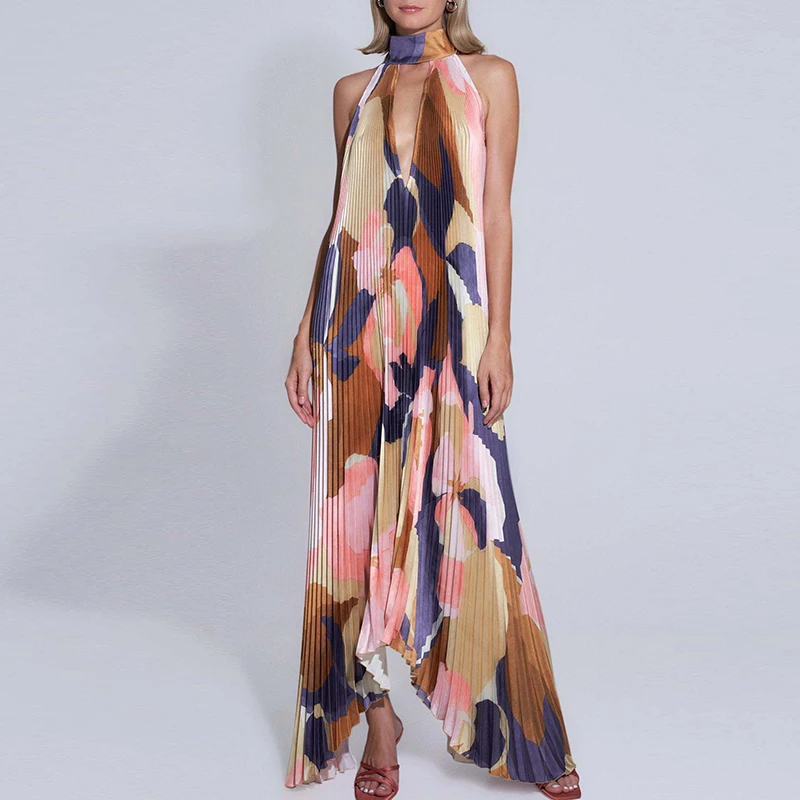 New Women Pleat Draped Irregular Long Dress Ethnic Vintage Off Shoulder Hem Dress Casual 2024 Hollow Out Halter Printed Dresses