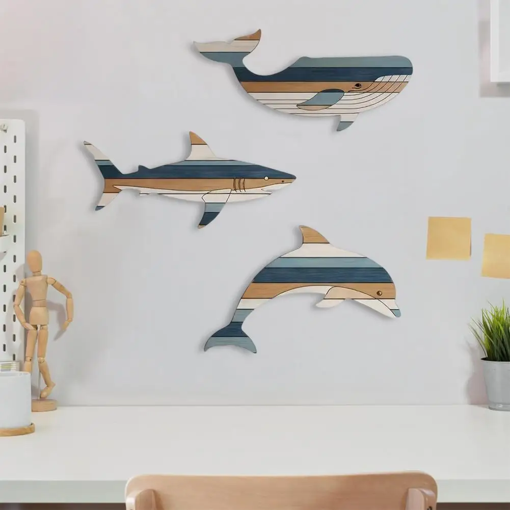 

3 Pcs Multi-colored Wooden Fish Wall Decor Whale/Shark/Dolphin Nautical Wall Hanging Sculpture for Bathroom Lake House Decor