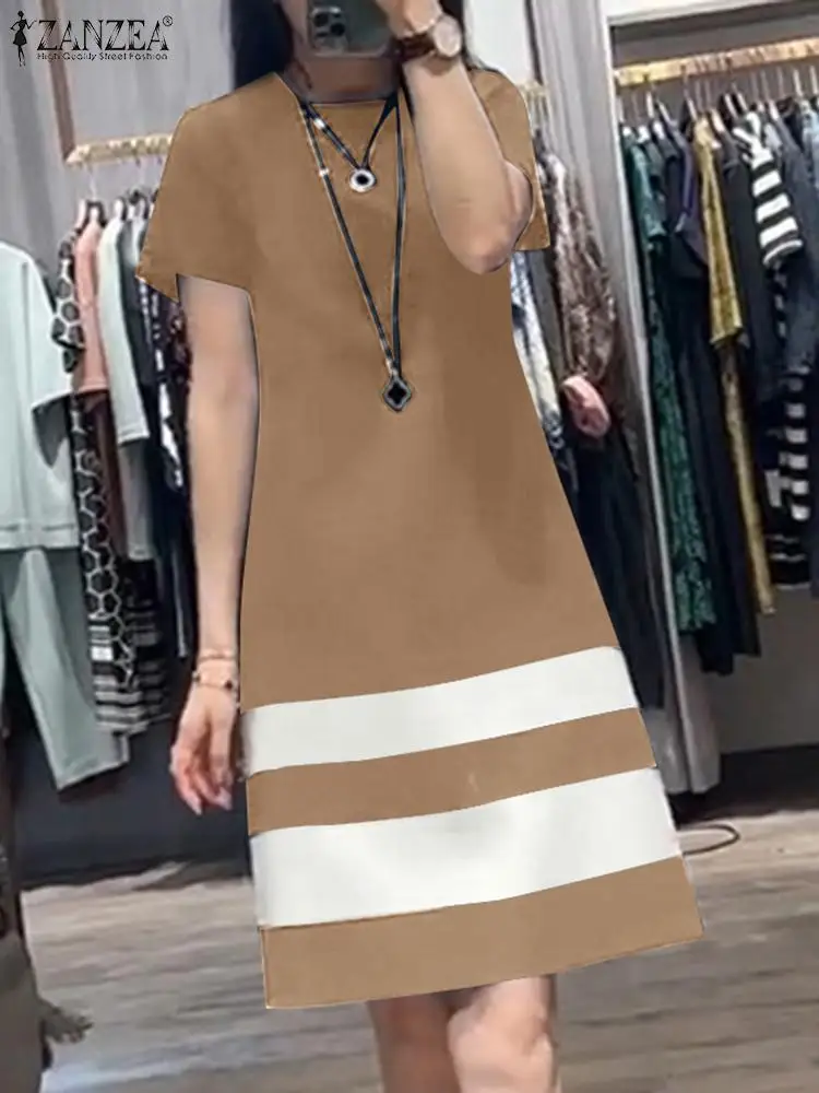 

ZANZEA Fashion Women Sundress 2024 Summer Casual Color Block O Neck Knee-length Vestidos Korean Style Short Sleeve T-shirt Dress