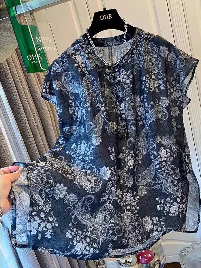 

plus Size Women's Shirt Floral Print Half Buttoned Micro Translucent Casual Summer Top Vintage Hong Kong Style Side Slit Sleeve