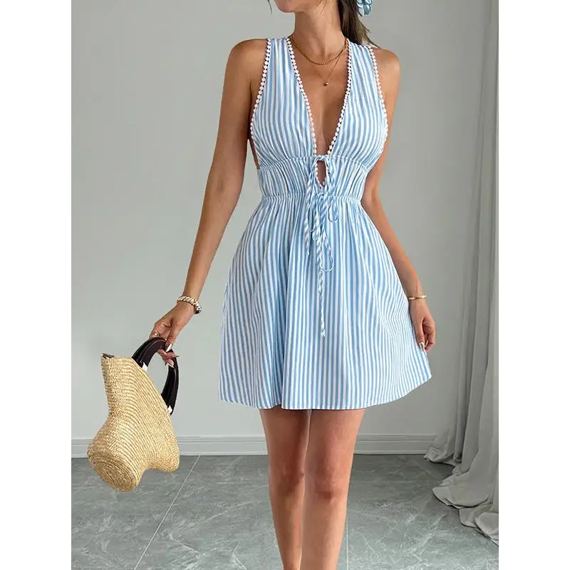 Nuovo Abito Estivo da Donna a Righe con Scollo Profondo a V, Cintura e Linea ad A per Vacanze al Mare