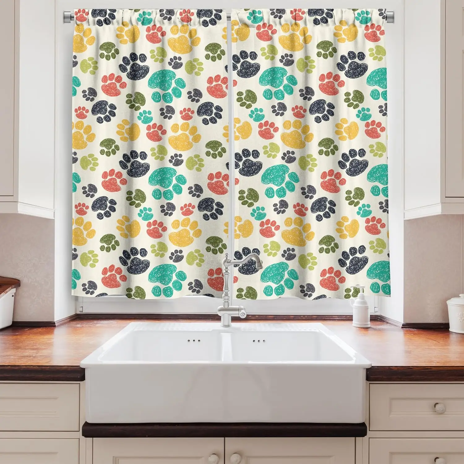 Dog Lover Long Kitchen Curtains, Hand Drawn Paw Print Doodles Circular Pattern Drawing Style Animal, Two Panels Drapes with Rod