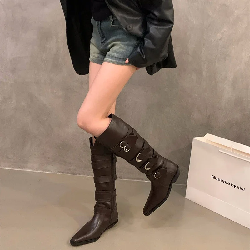 Designer Vintage Women Knee-High Boots Fashion Belt Buckle Shoes Autumn Winter Thick Heel Women\'s Knight Long Booties