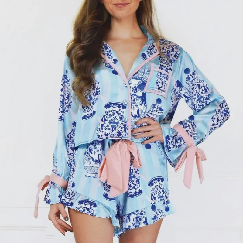 Y2k Valentine's Day 2 Piece Pjs Sets Women Heart Satin Pajamas Cute Bow Long Sleeve Button Down Shirt + High Waist Shorts Suits