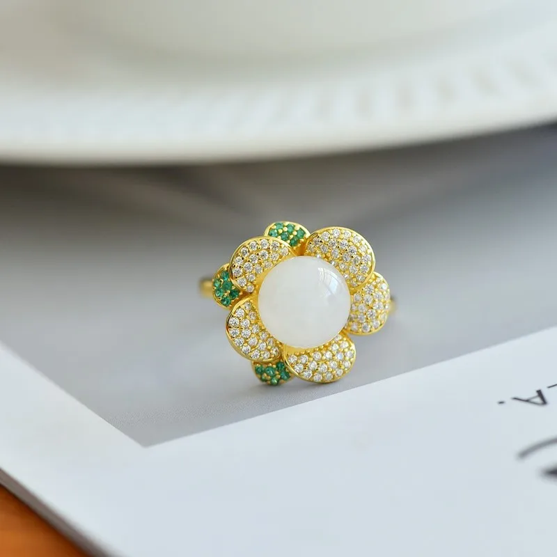 S925 Inlaid With Hetian Jade 10Mm Bead , Plain Silver , Women'S Vintage Index Finger Ring