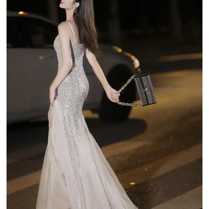 

Ele Silver Evening Gown Women's Tailored Fit Prom Host Dr mid Waist Slimming Sle Luxury mat Design