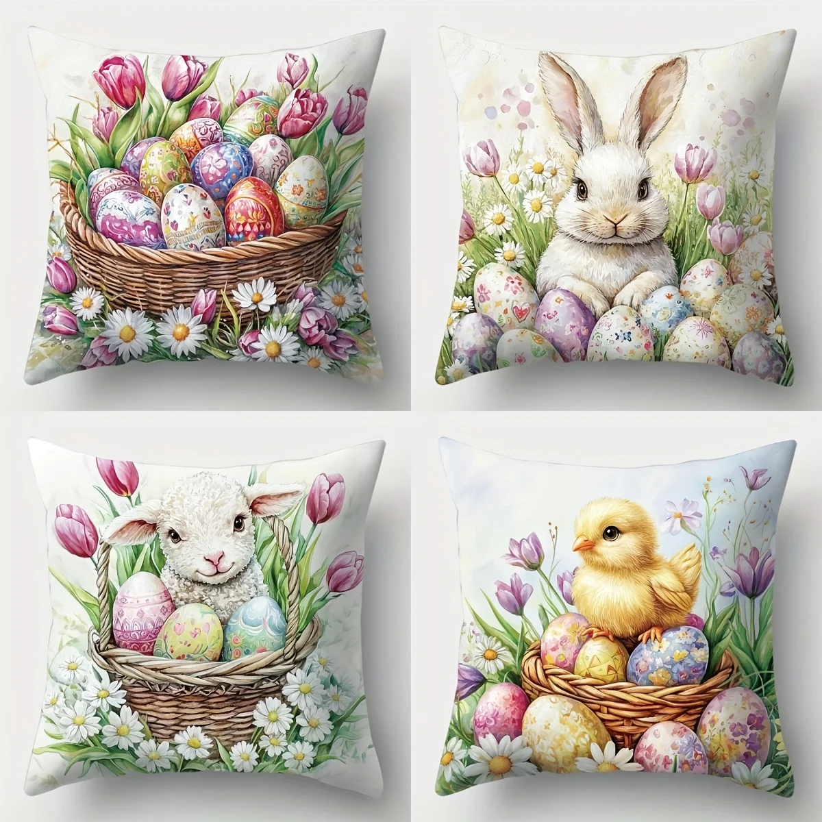 Decorative Easter Spring Pillow Covers Throw Cushion Cases Set 4-Pack Bunny Rabbit Lamb Chick Eggs Basket Floral Nursery Home
