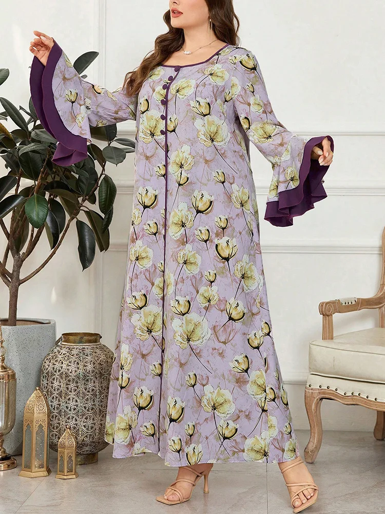 GIBSIE Plus Size Floral Print Flared Sleeve Dress Women 2026 Spring New Button Detail Vintage Loose Maxi Long Dresses Woman