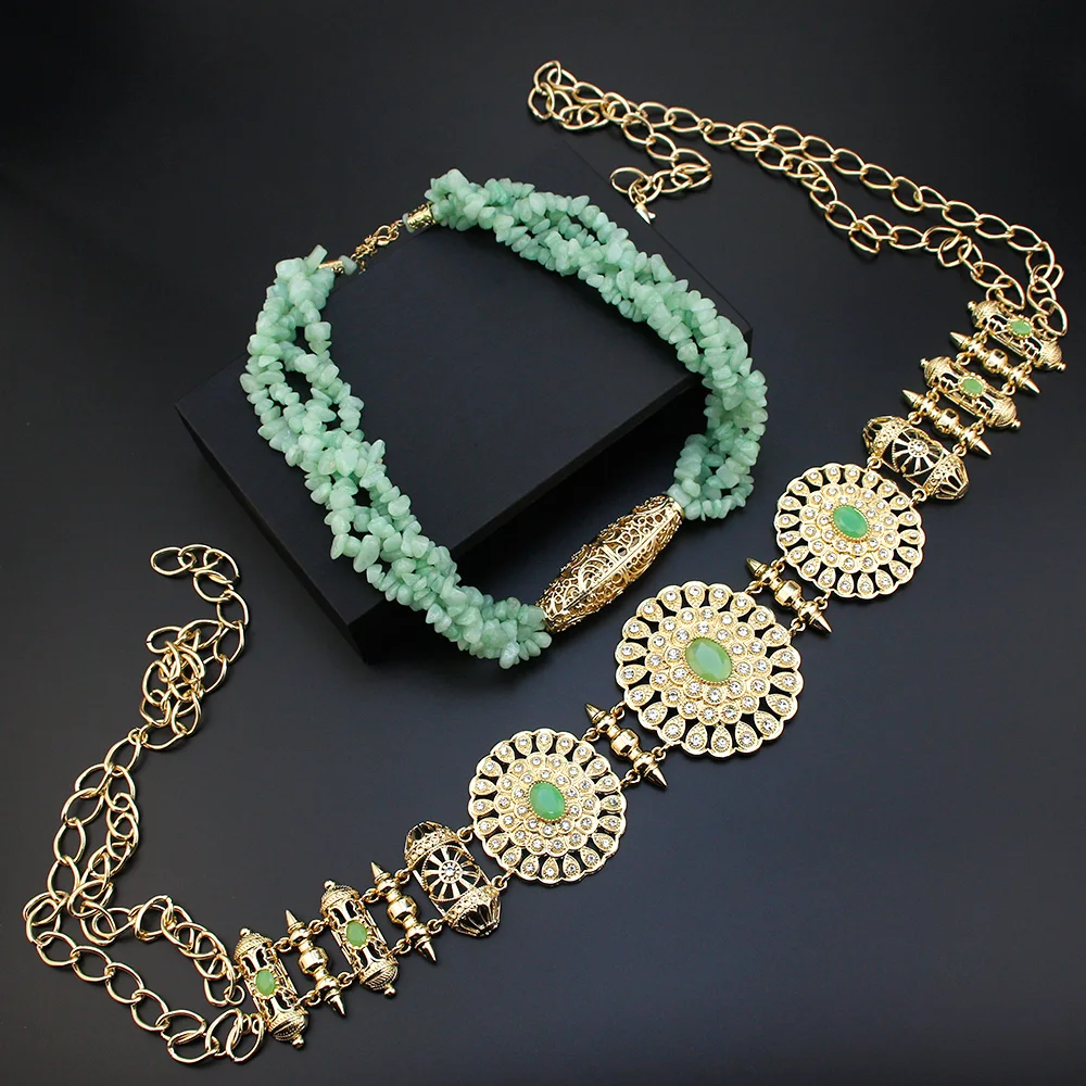 

Sunspicems Ethnic Style Morocco Belt Jewelry Sets Mint-Green Women Natural Stone Necklace Caftan Belt Arab Bride Wedding Jewelry