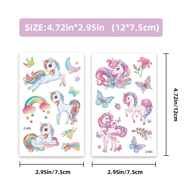 12 Blatt glitzernde rosa Einhorn-temporäre Tattoos, glitzernde Stile, wasserfest, glänzendes Regenbogen-Einhorn, Geburtstagsparty-Zubehör – Detail 2