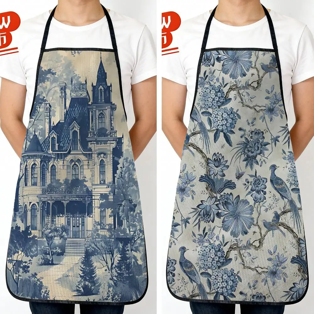 

blue art Toile de Jouy Best-Selling Unisex Long Waterproof Apron for Kitchen Cooking, Pottery, Painting, DIY Gifting