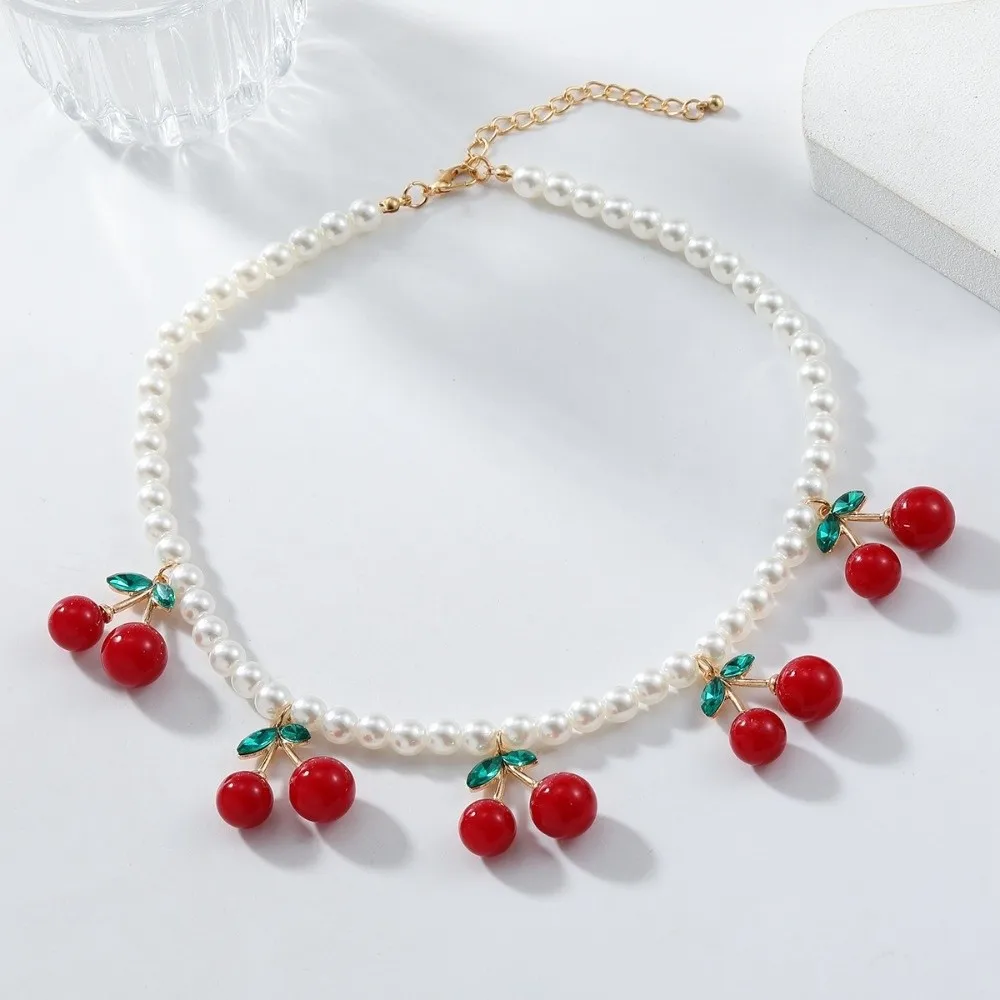 Elegant Cherry Pendant Women's Pearls Necklace Jewelry Gift Imitation Pearl Cherry Pendant Necklace Alloy Neck Chain Women