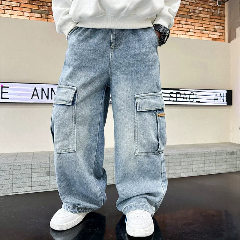 Teen Boys Straight Leg Cargo Jeans New Spring/Autumn Kids Wide Leg Denim Long Pants for Children Loose Pockets Trousers 5 14 Yrs