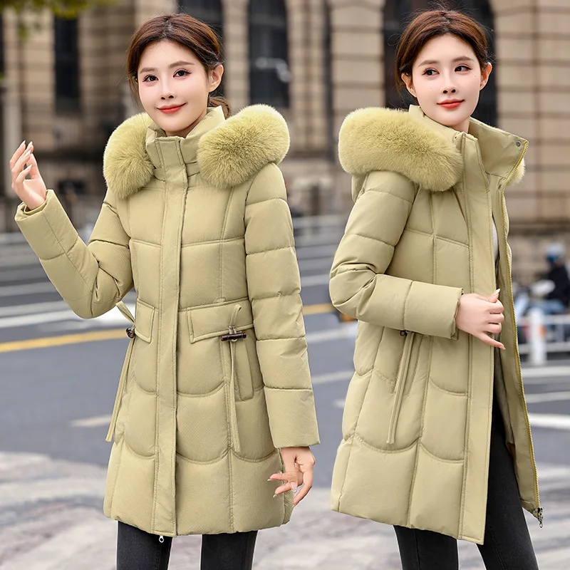 

Hooded Women Parkas Coats Long Overcoat Solid Big Fur Lenth Collar Drawstring Waist Zipper Loose Thick Casual Autumn Winter 2025