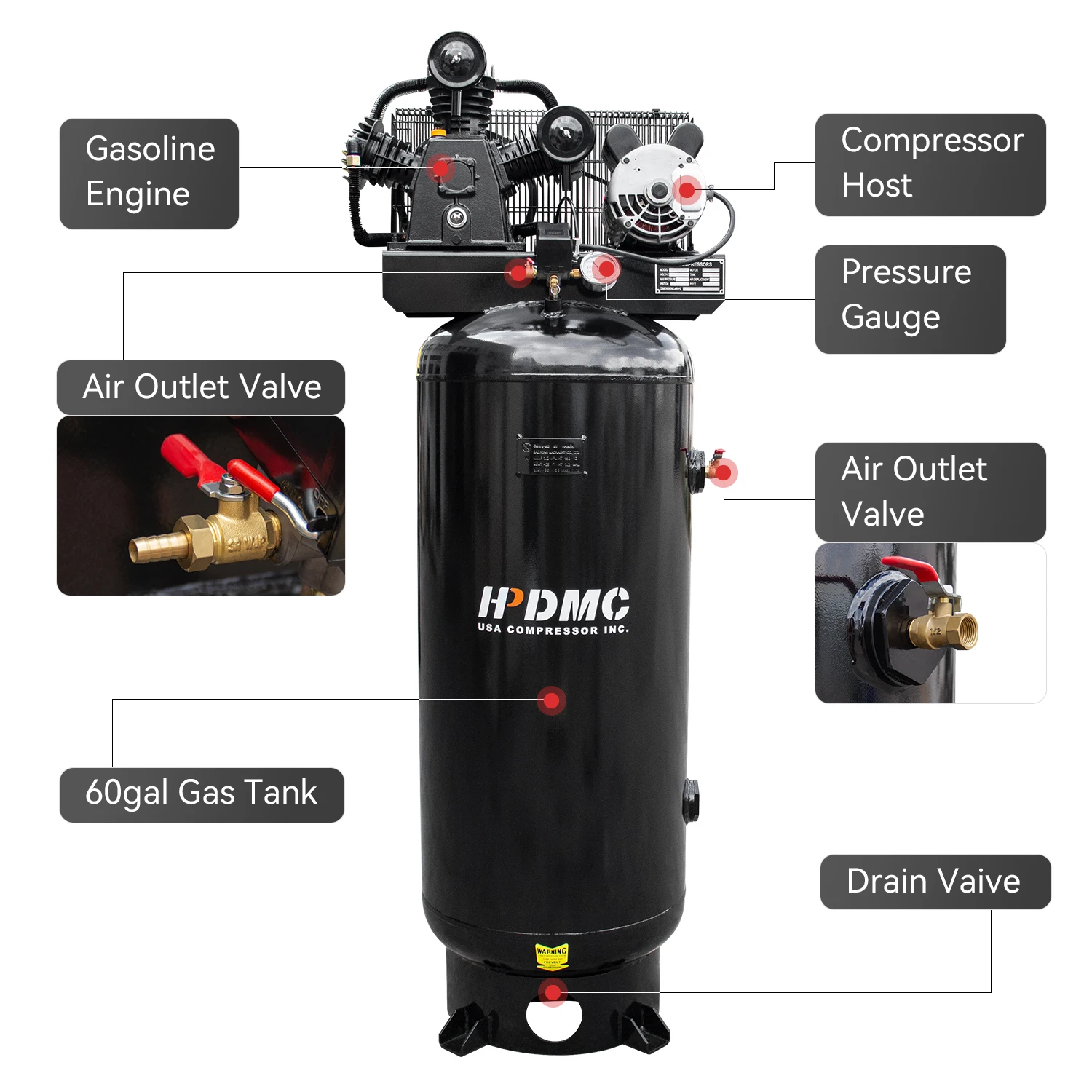 HPDMC 5.5HP / 3.7KW Air Compressor 60 Gallon Vertical ASME Tank 10CFM, 180PSI 220V 1 Phase