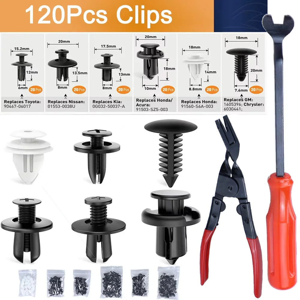 120PCS Car Clips Plastic Rivets 6 Popular Sizes of Car Body Fixed Clip Bumpers Replacement Parts Fastener Terminal Remover Tools