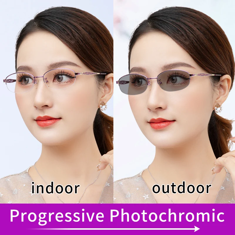 

Photochromic Progressive Multifocus Reading Glasses for Women, Metal Half Frame Sun Photochromic lens Tinted Eyeglasses