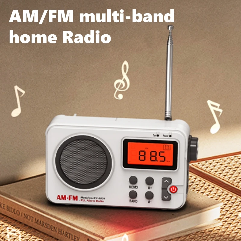 Novelty Portable Digital Alarm AM/FM Multi-band Home Radio with Clock Bass Sound LCD Large Screen Display for Kitchen Outdoor