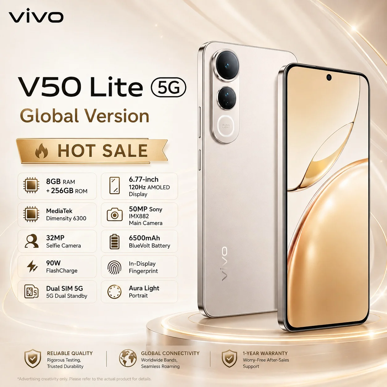 2026 new vivo V50 Lite 5G 8GB+256GB, 32MP Selfie Camera, 50MP Sony IMX882, 120Hz AMOLED, 6500mAh Battery, 90W FlashCharge, IP65