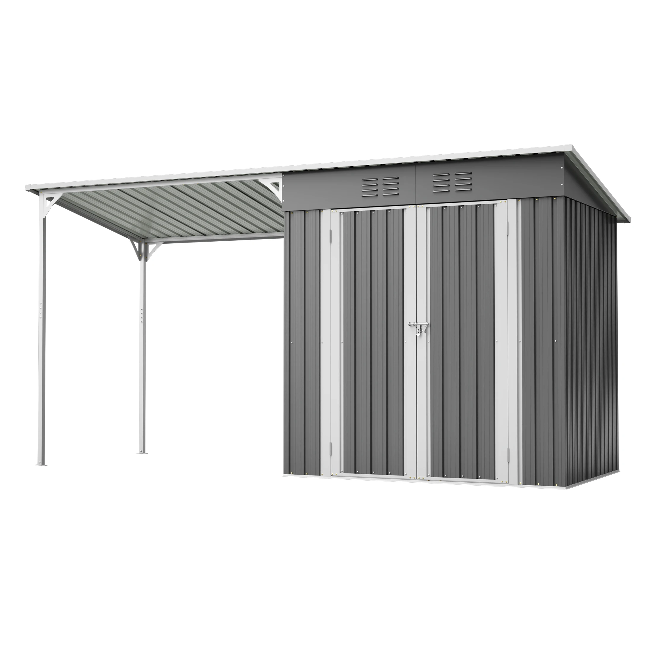 6x4 FT 2 in 1 Metal Storage Shed Pergola Combo Sloping Roof Floor Frame Air Vents Lockable Door Weatherproof Patio Backyard Garden