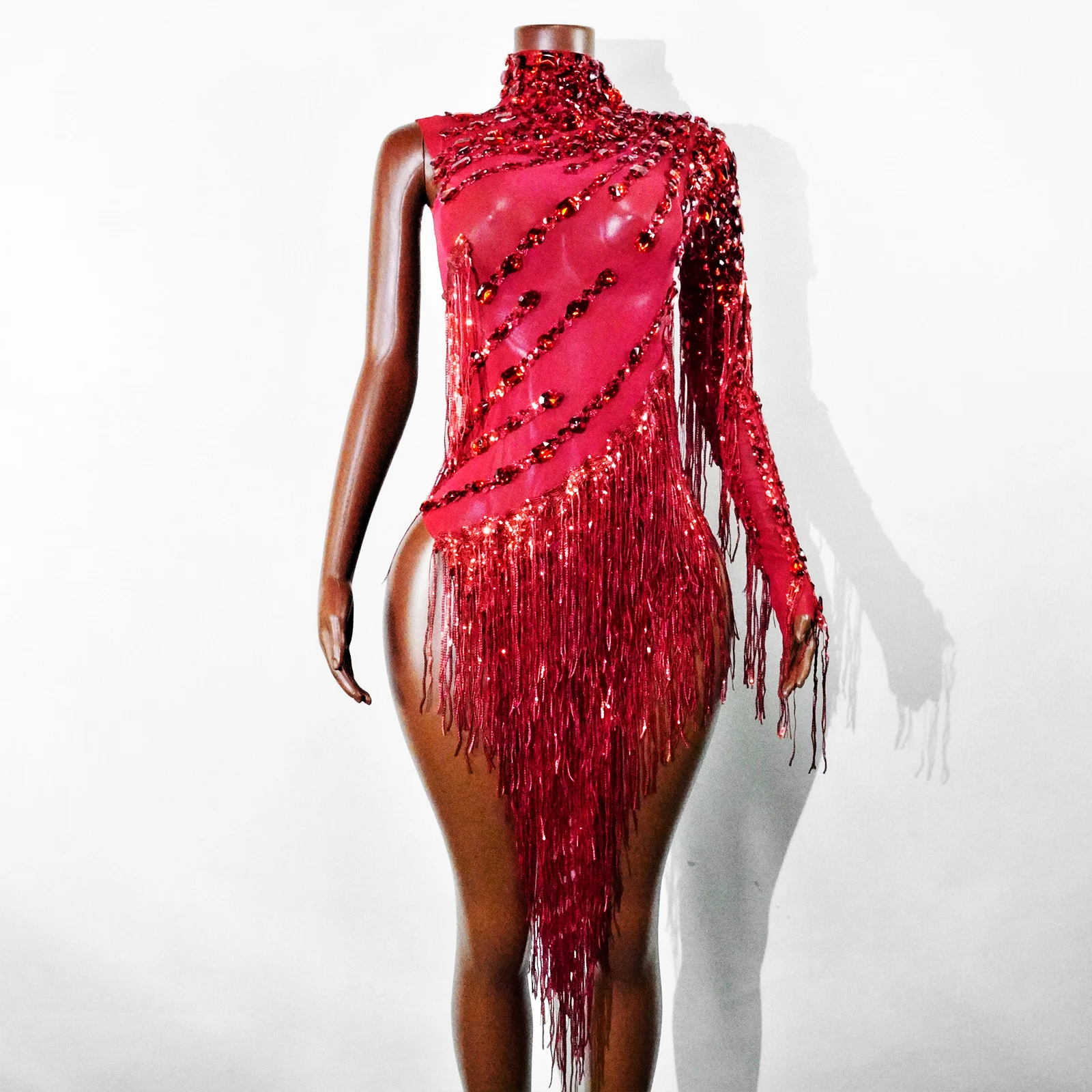 

Sparkle Red Crystal Fringe See-through Long Sleeve Dresses Sequin GoGos Dance Dancers Outfits Gaga Drag NightClub Singer Costume
