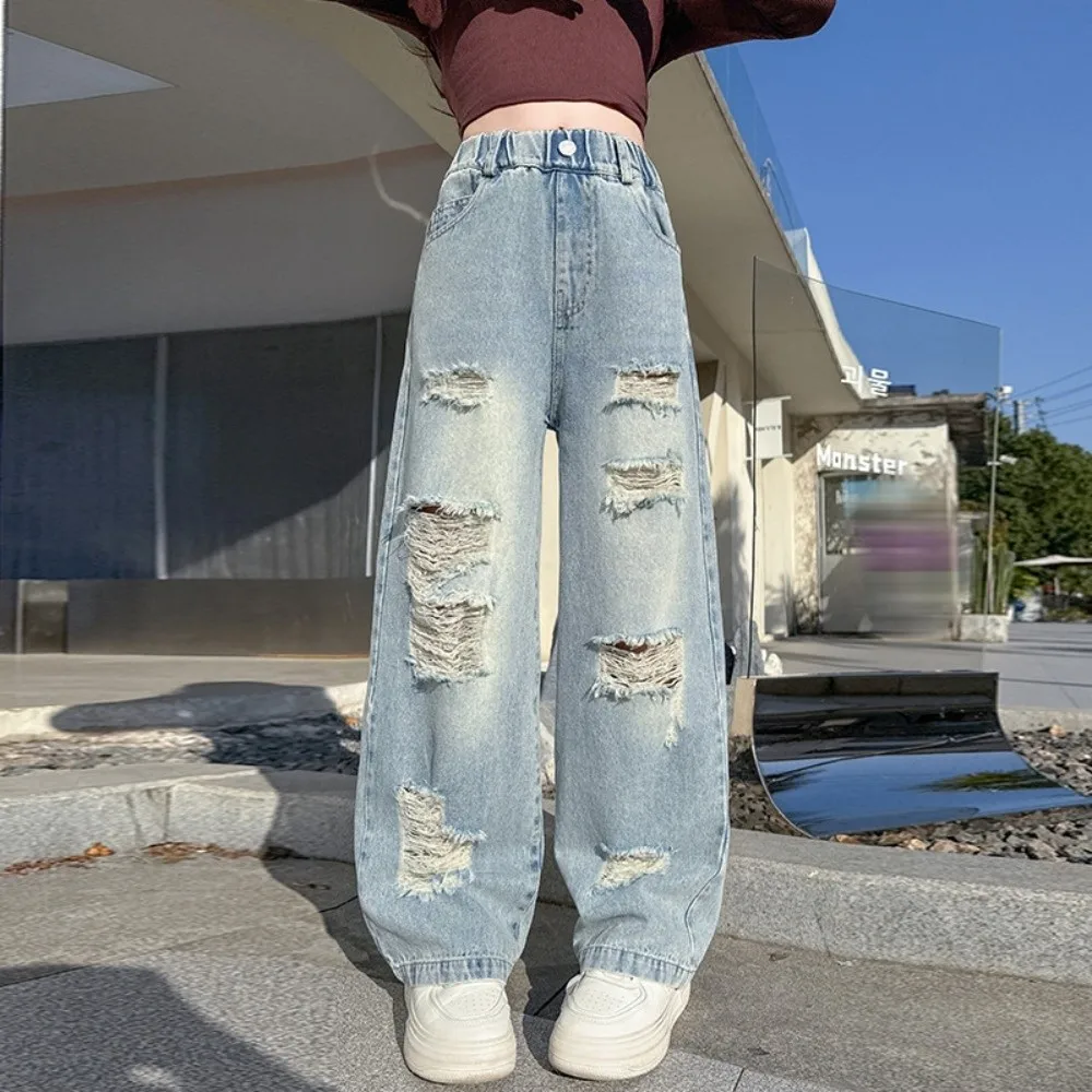 

Ripped Wide Children Jeans Straight Loose Leg Blue Teen Girl Jeans Korean Style Streetwear Girls Denim Trousers Spring Autumn