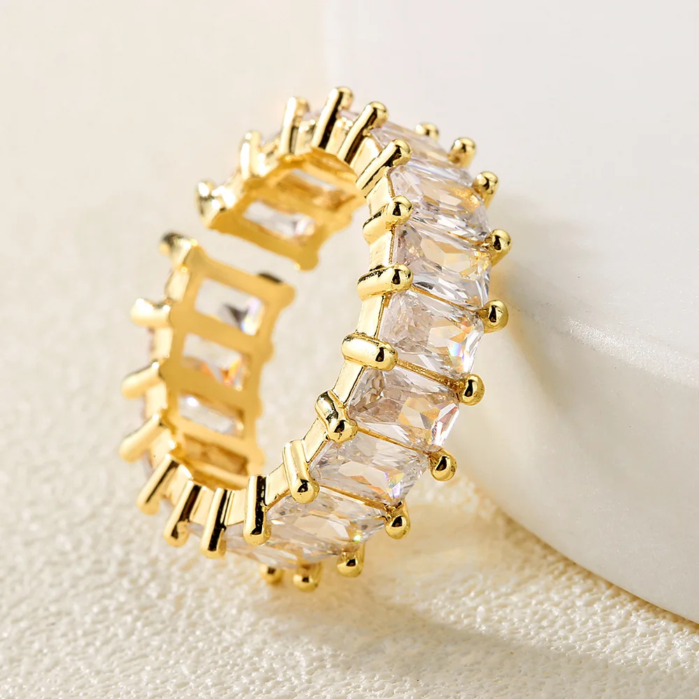 Fashion Cubic Zirconia Step Square Open Adjustable Ring For Women Men Gold Silver Color Copper Metal Ring Party Everyday Jewelry